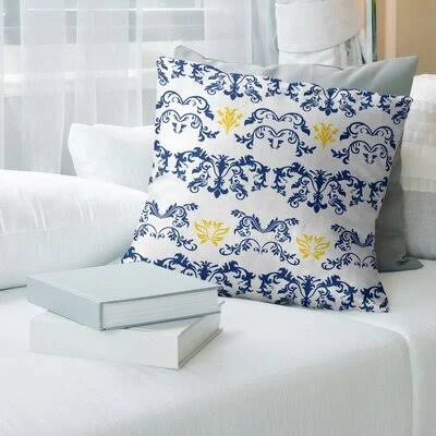 La Throwback Football Baroque Square Pillow Cover East Urban Home Color: White/Light Navy/Yellow, Size: 14x22 x 14