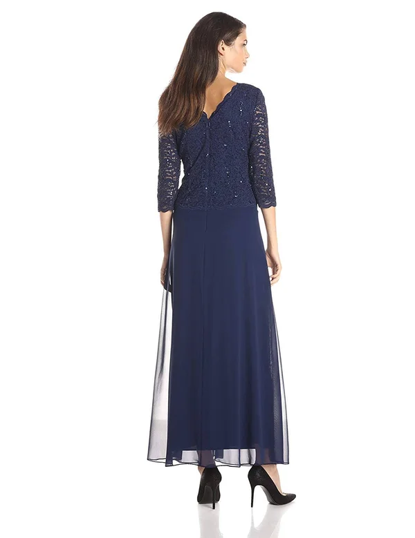 Alex Evenings Blue Women's Size 8p Petite Sequin Lace Maxi Dress
