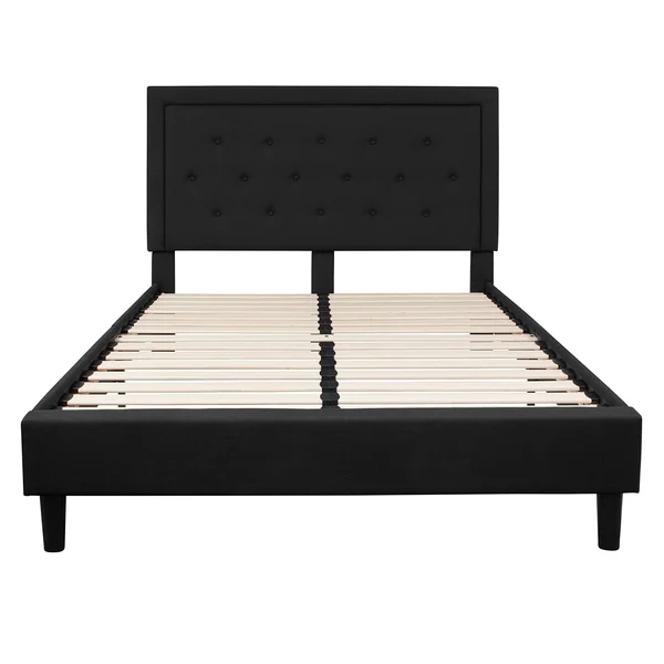 BSD National Supplies - Logan Queen Size Black Fabric Platform Bed with Button Tufted Headboard