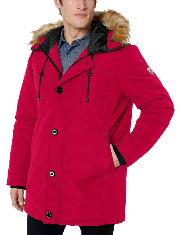 Guess Faux-Fur-Trimmed Hooded Heavyweight Parka, Mens, M, Red
