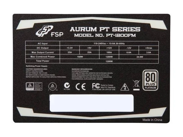 FSP Power Supply Aurum PT-1200FM 1200W ATX 13.5cm Fan 24Pin SATA
