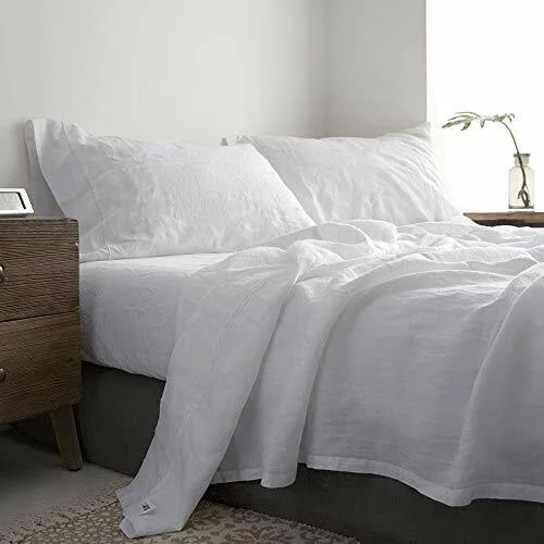 Simpleu0026Opulence 100% Linen Sheet Set Queen Embroidery White (Embroidery White, Queen)