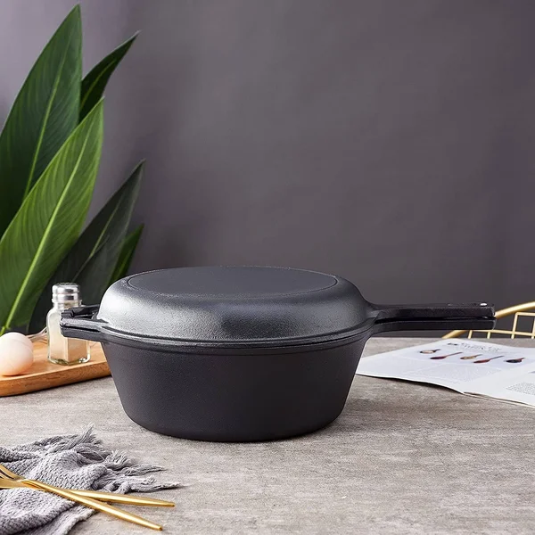 2-in-1 Cast Iron Multi-Cooker – Heavy Duty Skillet and Lid Set, Versatile Healthy Design, Non-Stick Kitchen Cookware
