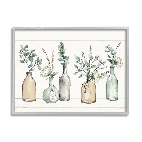 Stupell Industries Bottles and Plants Farm Wood Textured Design Framed Wall Art - Multi-Color - 24 x 30 - Grey, 24 x 1.5 x 30