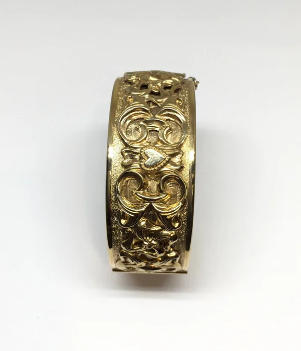 Estate Gold Tone Wide Scroll Heart Oval Bangle Bracelet with Safety Chain