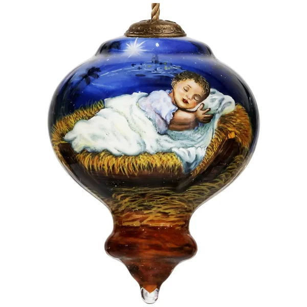 3.75x22 Away in A Manger Religious Christmas Gem Shaped Glass Ornament