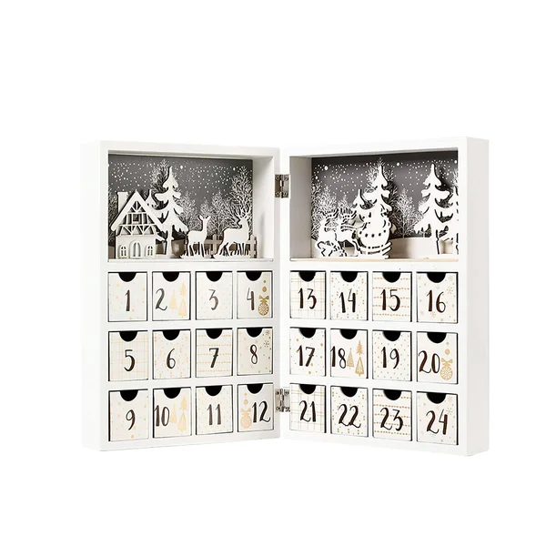 Pioneer-effort Christmas Wooden Advent Calendar Book with Drawers for Adults Kids White Christmas Countdown Reindeer Decoration