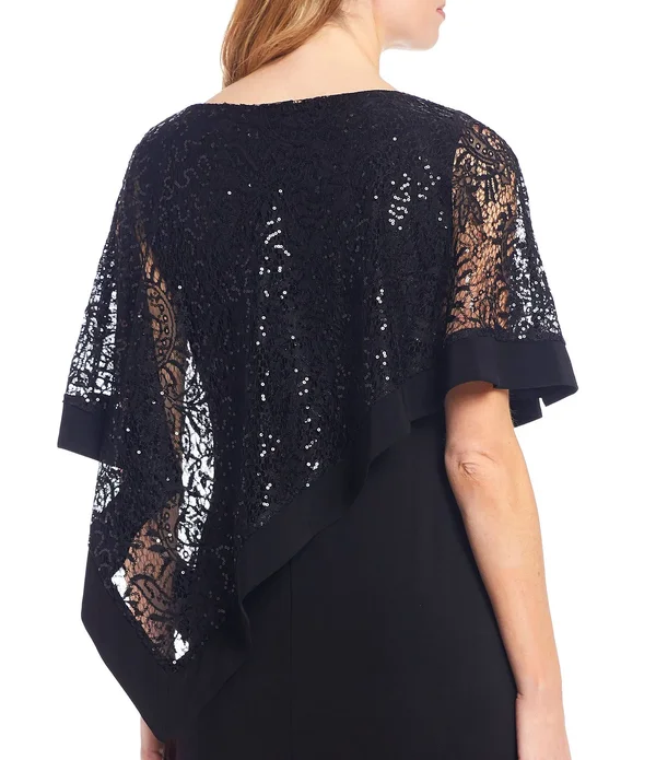 R & M Richards Women's Lace Poncho Overlay Gown - Black - 12