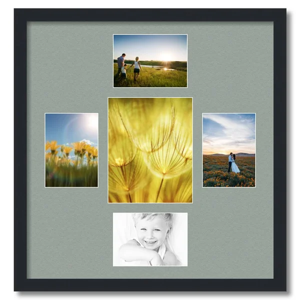 Collage Picture Frame - Satin Black Frame with 5 openings for 8x10 Photos with Grey Silverpine Mat. D3926GO327, ArtToFrames