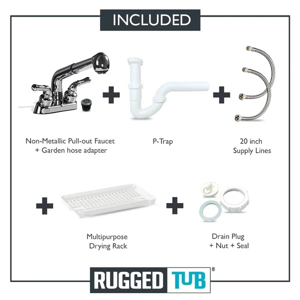 Rugged Tub 32 in. x 22 in. Polypropylene White Laundry Sink with 2 Hdl Non Metallic Pullout Faucet and Installation Kit G32WK1