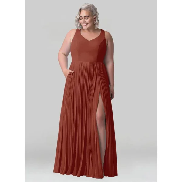 Azazie Plus Size A-Line/Princess V-Neck Floor-Length Chiffon Bridesmaid Dresses - Terracotta