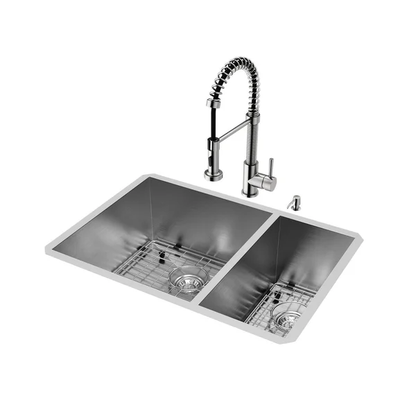 Vigo VG15176 All in One 29x22 Undermount Stainless Steel Double Bowl Kitchen Sink and Faucet Set