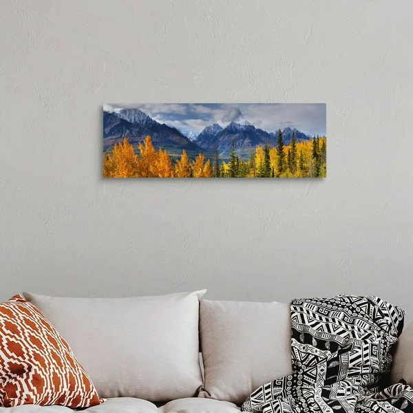 Panoramic View of The Fall Foliage and Snowcapped Chugach Mountains - Alaska, Canvas Wall Art, 36x12, Great Big Canvas