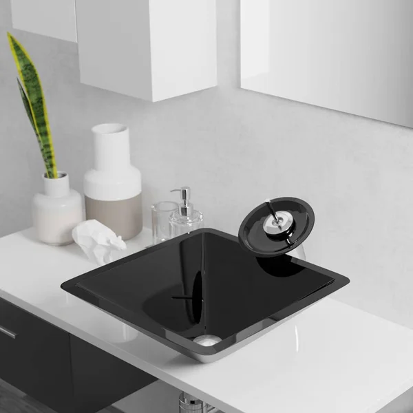 Rene R5-5003-NOR-R9-7003 16-1/2x22 Glass Vessel Bathroom Sink with Vessel Faucet Noir Dark - Chrome