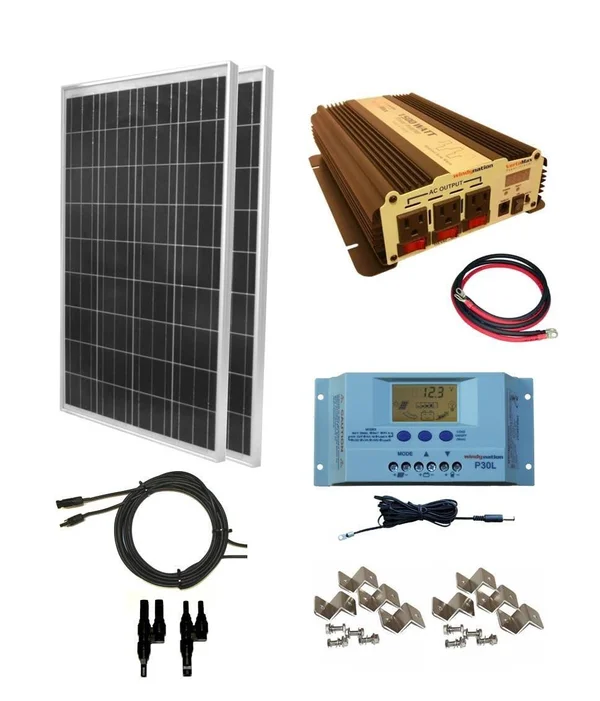 WindyNation 200 Watt (2pcs 100 watt) Solar Panel Kit with 1500W VertaMax Power Inverter for RV - Boat