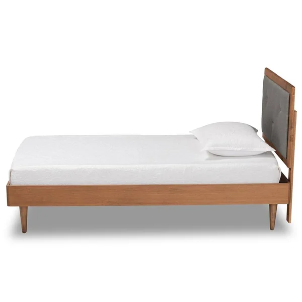Baxton Studio Saul Mid-Century Modern Fabric Upholstered and Finished Wood Platform Bed Dark Grey & Walnut Brown, Twin