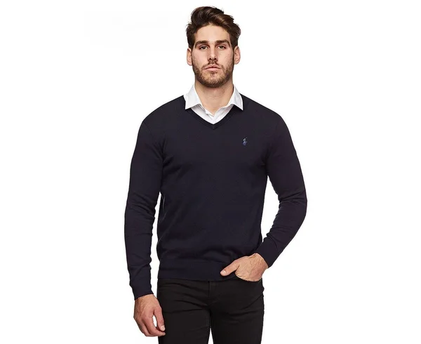 Polo Ralph Lauren Mens Pima Cotton V-Neck Sweater (Large, Navy Blue)