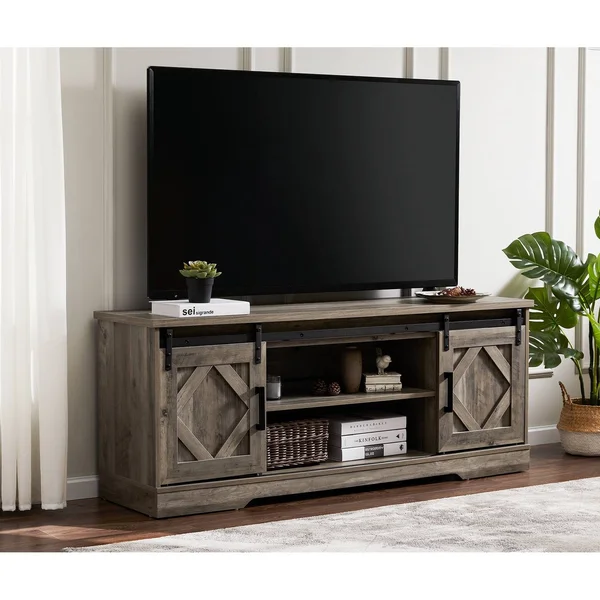 Wampat Farmhouse Sliding Barn Door TV Stand Rustic Gray Wash 59x22 - Grey