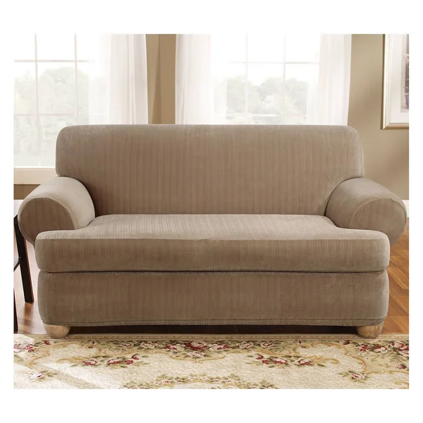 Sure Fit Stretch Pinstripe 2-Piece T-Cushion Sofa Slipcover - Taupe
