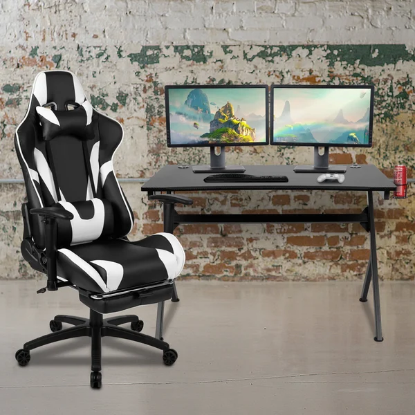 Flash Furniture Black Gaming Desk and Black Footrest Reclining Gaming Chair Set with Cup Holder, Headphone Hook & 2 Wire Man