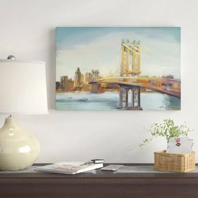 &Sunny Manhattan Bridge& Print East Urban Home Format: Wrapped Canvas - Matte Color: No Matte, Size: 20x22 H x 30x22 W