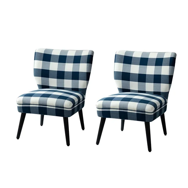 Cande Buffalo Plaid Side Chair with Black Base - Set of 2 - Indigo
