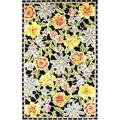 Lyco Floral Hand Hooked Wool Blue/Black/Green Area Rug Bungalow Rose Rug Size: Rectangle 3&9x22 x 5&9x22