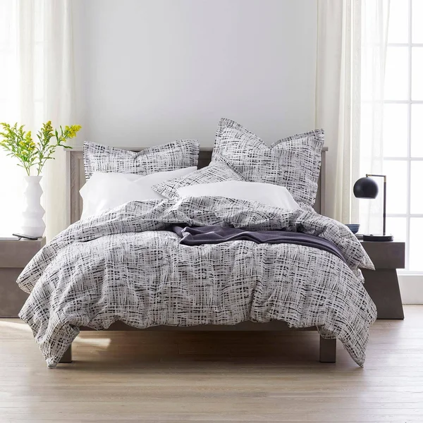 Grasscloth 200-Thread Count Cotton Percale Duvet Cover - Full, Black/White, The Company Store