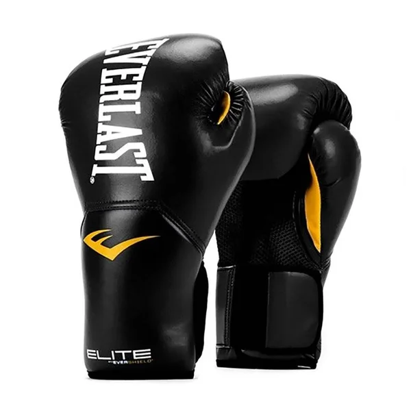 Everlast Elite Pro Style Black Boxing Gloves & 120 inch Cotton Hand Wrap - White
