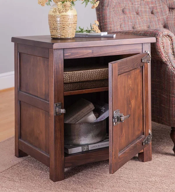 Portland Ice Box Wooden Side Table with Storage - Walnut Finish, Brown
