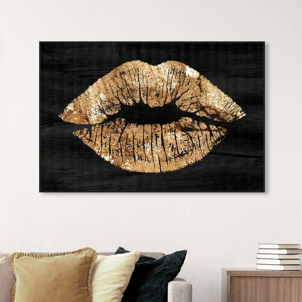 Oliver Gal Fashion and Glam Wall Art Framed Canvas Prints &Solid Kiss Night& Lips - Gold - Black - 54 x 36