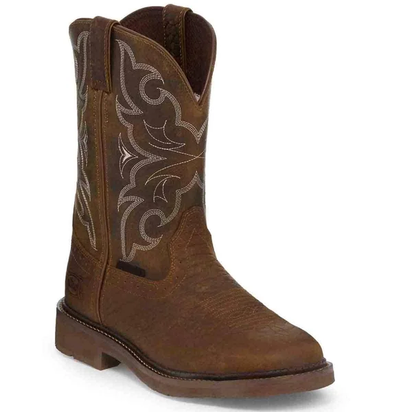 Justin St Work Boot RD Toe Choc Safety Steel Toe - Round Toe, 11 inch Beige Embossed Cowhide Upper, Chocolate tomboni foot, Stamp
