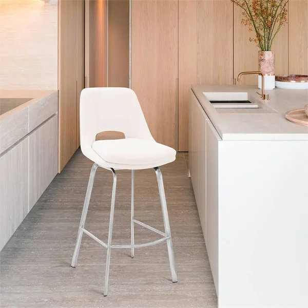 Armen Living Carise White Faux Leather and Brushed Stainless Steel Swivel 26x22 Counter Stool - LCCABABSWH26