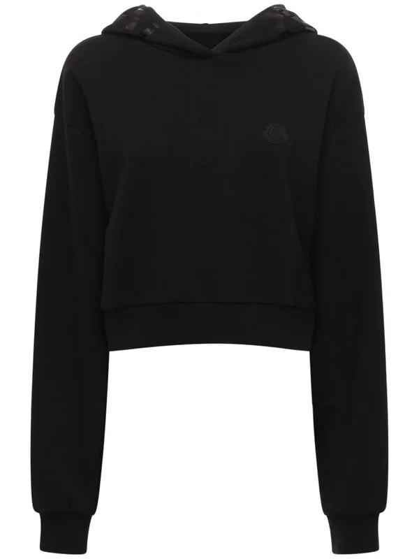 Moncler - Cotton-blend Cropped Hoodie, Women, Black, XL, Tops