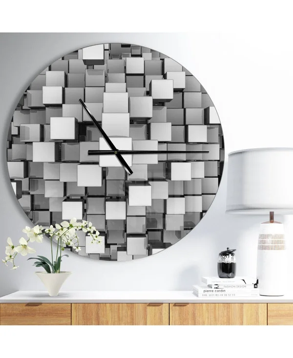 Designart &Black and Grey Cubes & Modern Wall Clock - Size: 23 inch x 23 inch, Silver