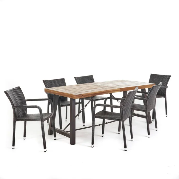 Christopher Knight Home Spencer Outdoor 7-Piece Rectangle Wicker Wood Dining Set by - Brown