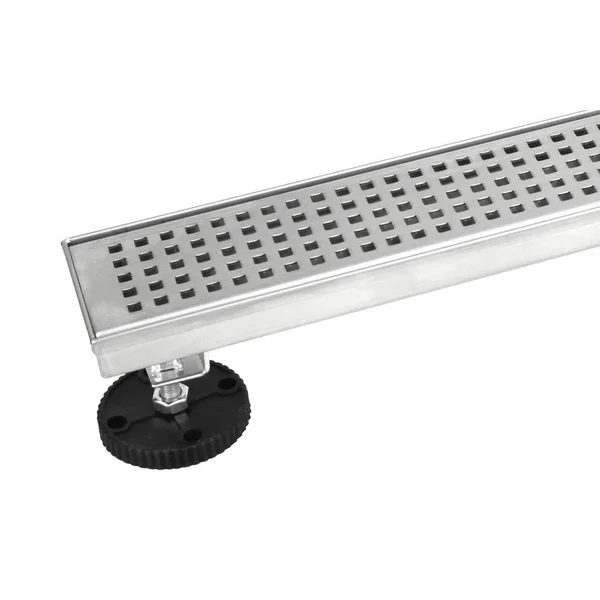 Shower Linear Drain 28 inch Square Checker Pattern Grate Stainless Steel - w/Threaded Adaptor and Adjustable Leveling Feet - Silv
