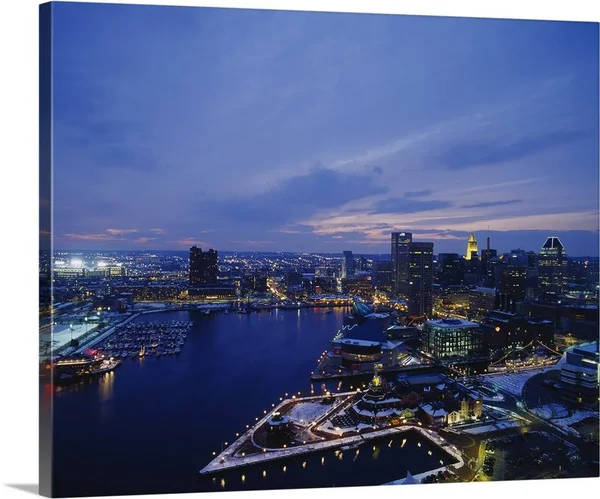 High Angle View of A City Lit Up at Dusk, Baltimore, Maryland, Canvas Wall Art, 45x36, Great Big Canvas