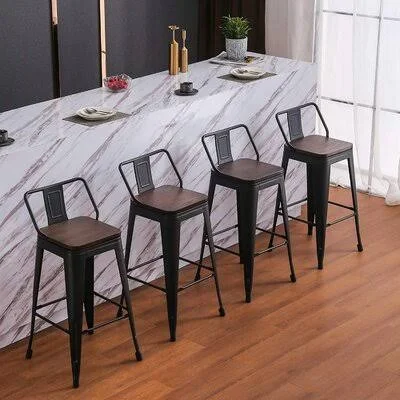Metal Barstools Set of 4 Counter Bar Stools with Wood Top Low Back Matte Black-15.6 x 15.6 Williston Forge Color: Black, Seat He