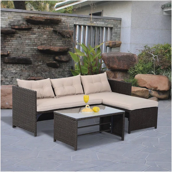 Outsunny 3 Piece Outdoor Rattan Wicker Patio Sofa and Chaise Lounge Set