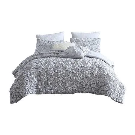 Swift Home Hana Washed Microfiber Stitched Rosette Floral Comforter Set - Full/Queen - Grey