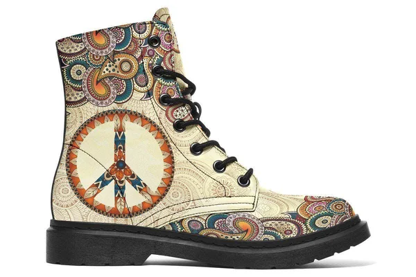 Tan Peace Mandala Boots, Peace Sign Boots, YesWeVibe Women's Boots, Black Sole, US 9, EU40.5