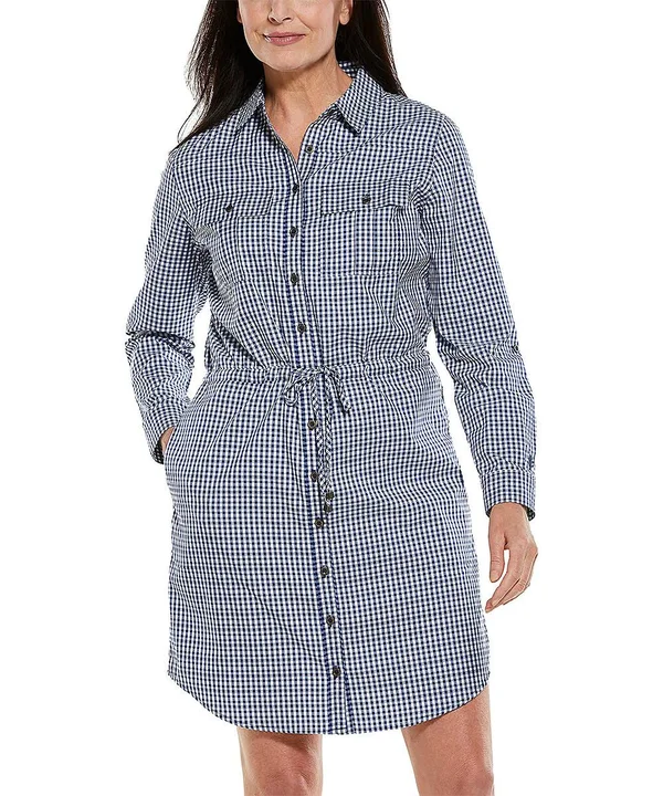 Coolibar Women's Casual Dress Navy Gingham Tie-Waist Pocket Napa Shirt Dress XS