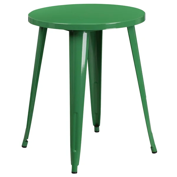 Round Green Metal Indoor-Outdoor Table Set with 4 Vertical Slat Back Chairs