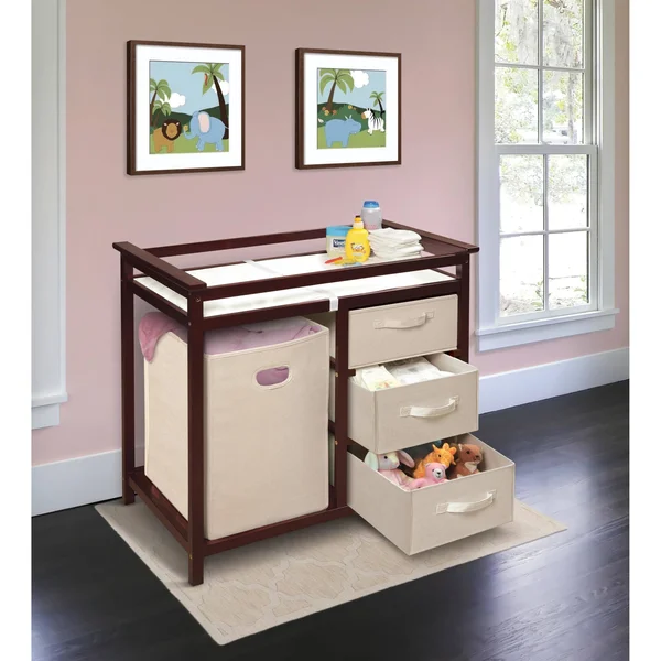 Badger Basket Cherry Modern Changing Table with 3 Baskets and Hamper