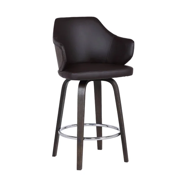 Benjara 26x22 Swivel Curved Design Faux Leather Barstool with Tapered Legs, Brown