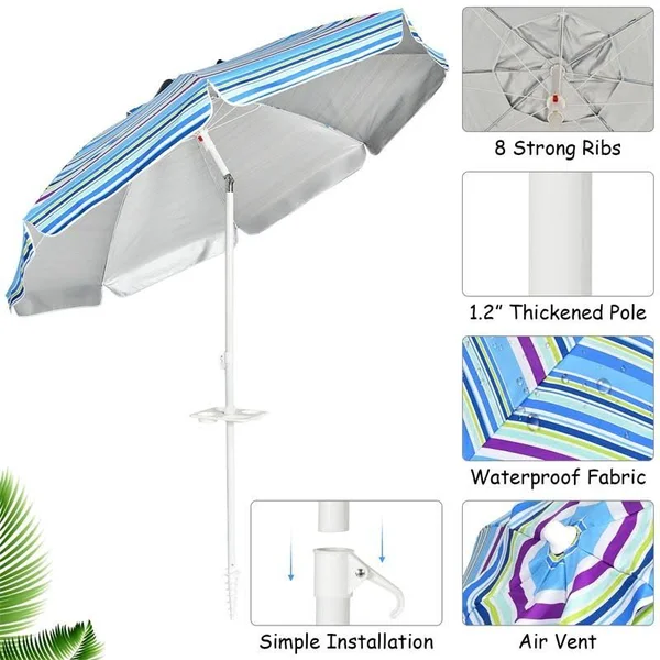 7.2 ft Portable Outdoor Beach Umbrella with Sand Anchor and Tilt Mechanism for Poolside and Garden-Multicolor - Costway