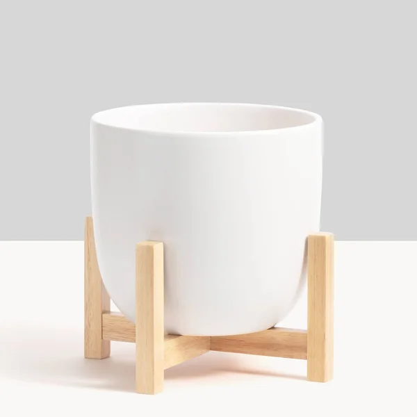 Peach & Pebble, Contour Ceramic Planter + Wood Stand Forest Green, Medium, 12 inch