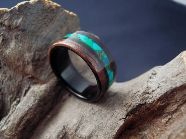 Bentwood Macassar Ebony Wooden Ring with Green - Emerald Mosaic Style Inlay - Men's Wood Ring, Women's Wood Ring, Green Inlay