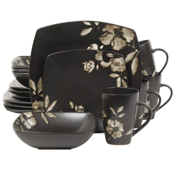 Gibson Elite Lanark 16 Piece Square Dinnerware Set, Black